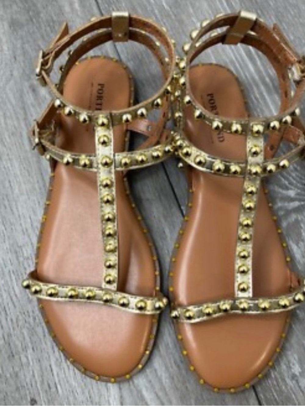 Studded T-Strap Women's Sandals - Tan with Gold Accents